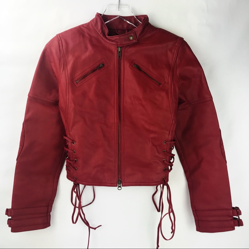 Red Leather Zipper Front, Tie Gather Sides Jacket